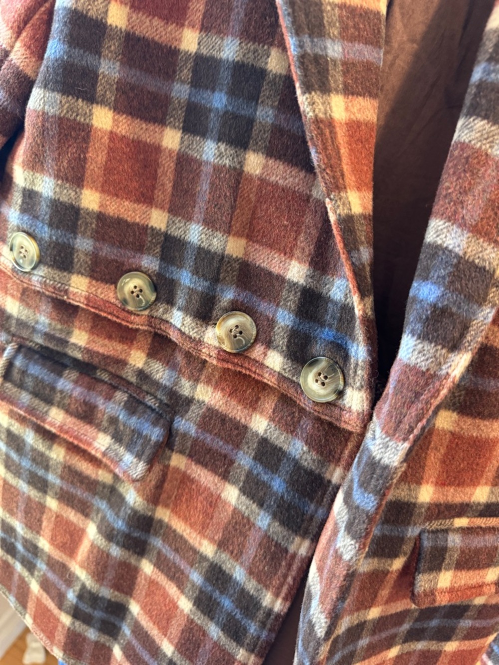 Mo:Vint Plaid Wool Blend Blazer Jacket in Rust, Navy, brown + cream size Small - Picture 10 of 11